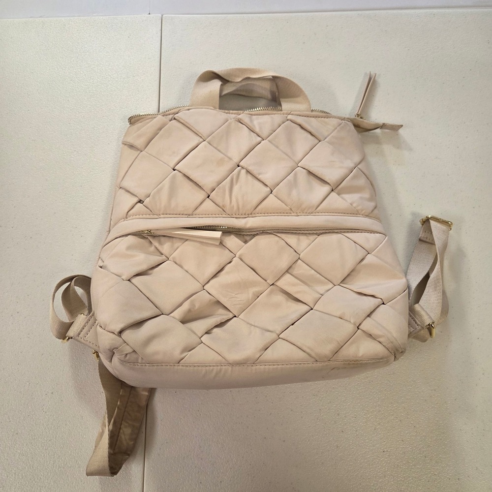 House of Harlow 1960 Beige Woven Puffer Nylon Backpack Gold Hardware